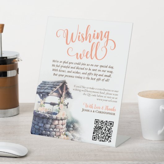 Coral Peach Rose Hochzeitsstich QR-Code Sockelschild (In SItu)