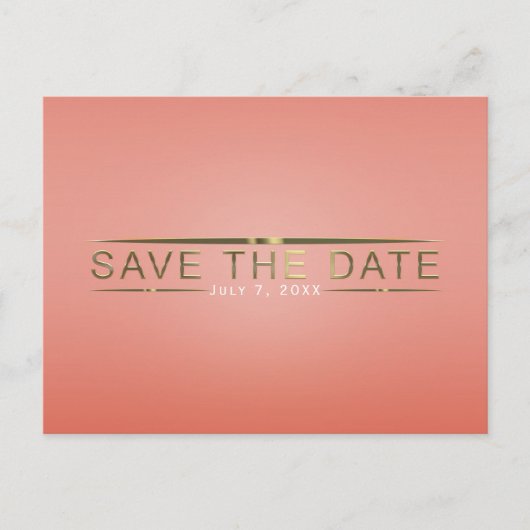 Coral Peach & Shiny Gold Modern Save the Date Ankündigungspostkarte (Vorderseite)