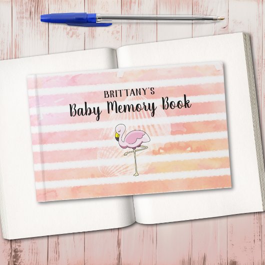 Coral Peach Striped Flamingo Baby Memory Book Gästebuch