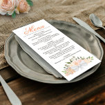 Coral Peach Wassercolor Floral Elegante Hochzeit Menükarte<br><div class="desc">Dieses wunderschöne Hochzeitsmenü besticht durch ein rustikales boho-elegantes Design mit einem Kalligraphietitel und handgemalten Aquarellfarben-Rose, Blüten und Grünpflanzen in Korallenpfirsichtönen und blass-orange. Der Text ist vollständig anpassbar mit Platz für den Namen und das Hochzeitstag des Paares auf der Rückseite. Elegant, stilvoll und schick, ist diese Karte eine großartige Möglichkeit, um...</div>