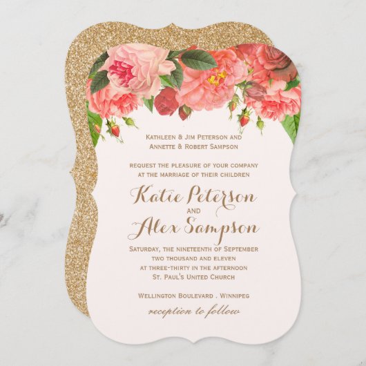 Coral Peonie auf Gold Glitzer Hochzeitseinladung Einladung (Vorne/Hinten)