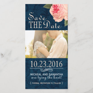 Coral Peonie und Navy Save the Date Foto Cards
