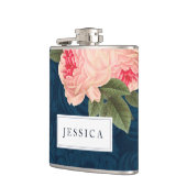 Coral Peonies and Navy Feathers Bridesmaid Flask Flachmann (Links)