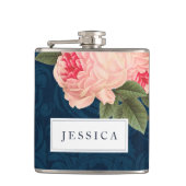 Coral Peonies and Navy Feathers Bridesmaid Flask Flachmann (Vorderseite)