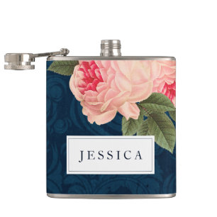 Coral Peonies and Navy Feathers Bridesmaid Flask Flachmann