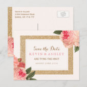 Coral Peonies Save the Date Postcard Ankündigungspostkarte (Vorne/Hinten)