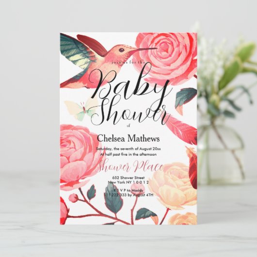 Coral pink aquamarine Kolibri Blumendusche Einladung (Stehend Vorderseite)