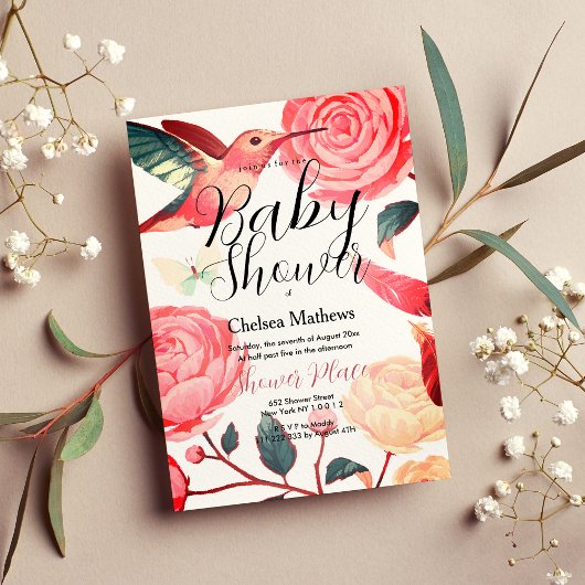 Coral pink aquamarine Kolibri Blumendusche Einladung