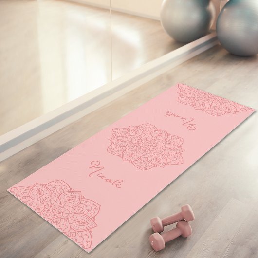Coral Pink Beautiful Mandala With Custom Name Yogamatte