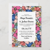 Coral Pink Blue Blumen Frühjahr Hochzeit Einladung (Vorderseite)