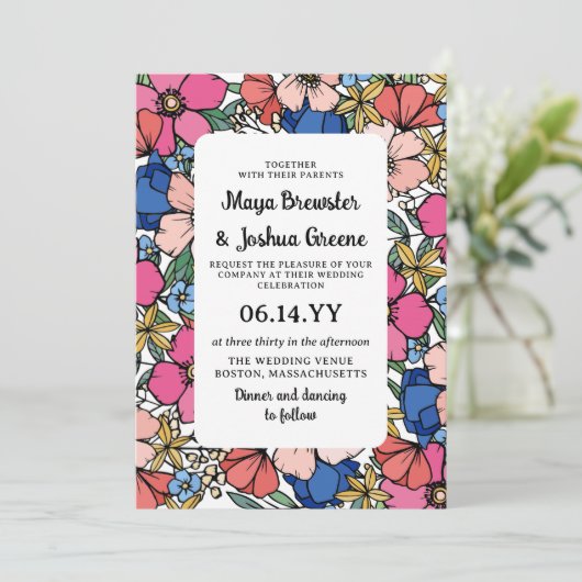 Coral Pink Blue Blumen Frühjahr Hochzeit Einladung (Stehend Vorderseite)