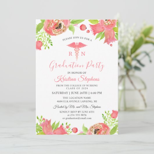 Coral Pink Blume Krankenpflege Schule Graduation P Einladung (Stehend Vorderseite)