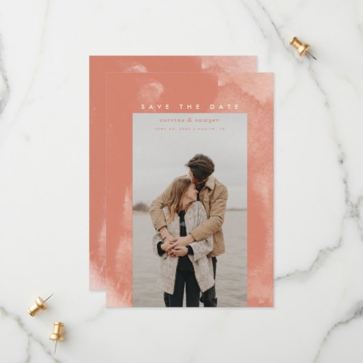 Coral Pink Boho Wasserfarbe Save the Date (Vorderseite/Rückseite Beispiel)