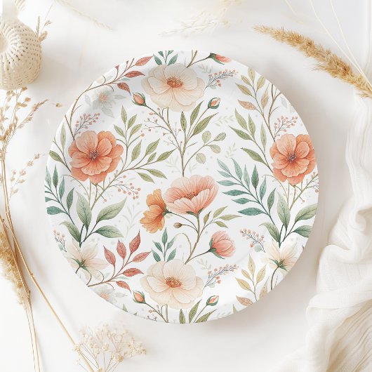 Coral Pink Boho Wasserfarbe Wildblume Kinderdusche Pappteller