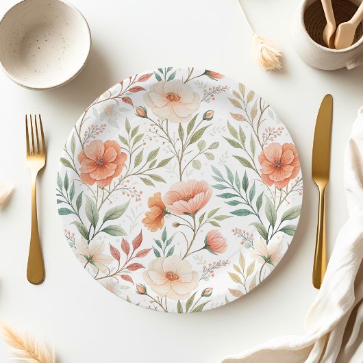 Coral Pink Boho Wasserfarbe Wildblume Kinderdusche Pappteller