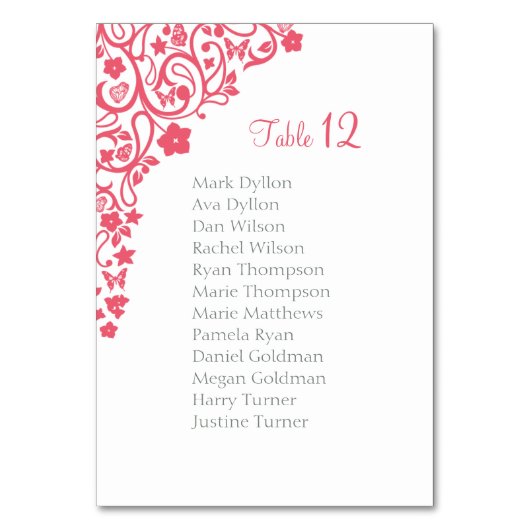 Coral Pink Butterfly Garden Seating Chart Hochzeit Tischnummer (Vorderseite)