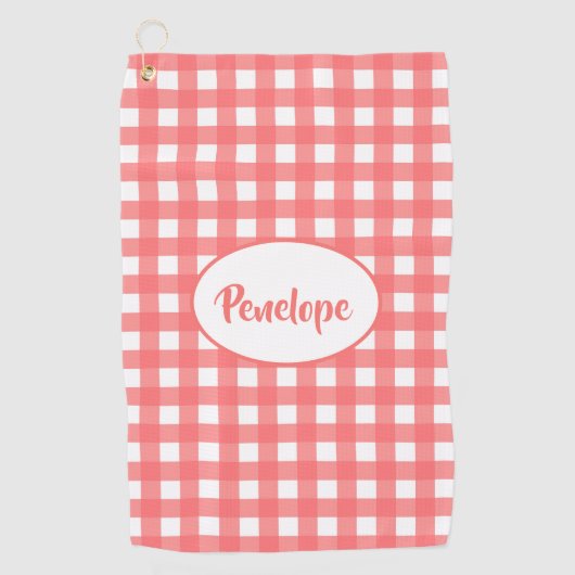 Coral Pink Classy Gingham Muster mit Namen Golfhandtuch (Vorderseite)
