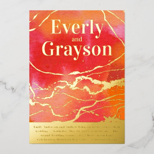 Coral Pink Coral Galaxy Marble Gold Wedding Folieneinladung (Vorderseite)