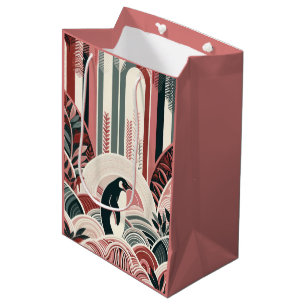 Coral Pink Cream Art Deco Floral Natur Pinguin Mittlere Geschenktüte