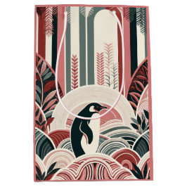 Coral Pink Cream Art Deco Floral Natur Pinguin Mittlere Geschenktüte