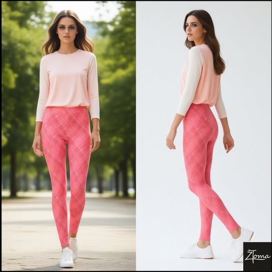 Coral Pink Diagonal Glitch Woven Plaid Leggings