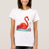 Coral Pink Flamingo & Blume T-Shirt (Vorderseite)