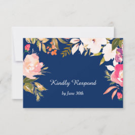 Coral Pink Floral Border Navy Blue Wedding RSVP