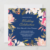 Coral Pink Floral Border on Navy Blue Wedding Einladung (Vorderseite)