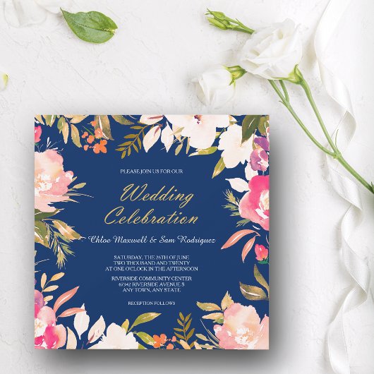 Coral Pink Floral Border on Navy Blue Wedding Einladung