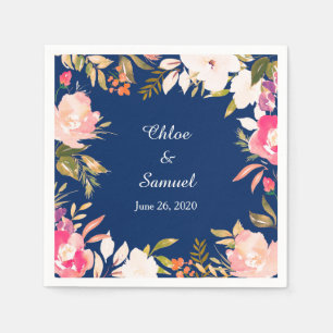 Coral Pink Floral Border Wedding Serviette