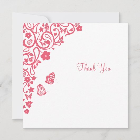 Coral Pink Floral Butterfly Garden Square Hochzeit Dankeskarte (Vorderseite)
