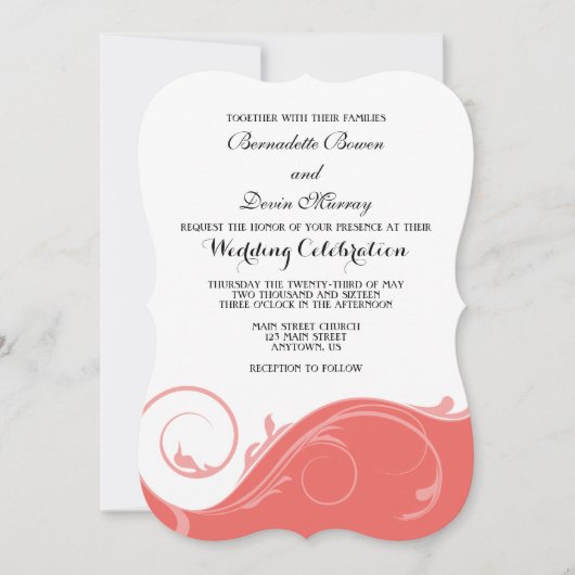Coral Pink floral Swirl Bracket Wedites Einladunge Einladung (Vorderseite)