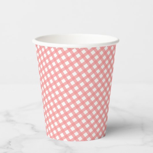 Coral Pink Gingham Paper Cups Pappbecher (Vorderseite)