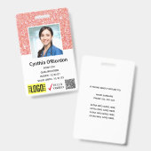 Coral Pink Glitzer Techniker Foto ID QR Strichcode Ausweis (Vorder- & Rückseite)