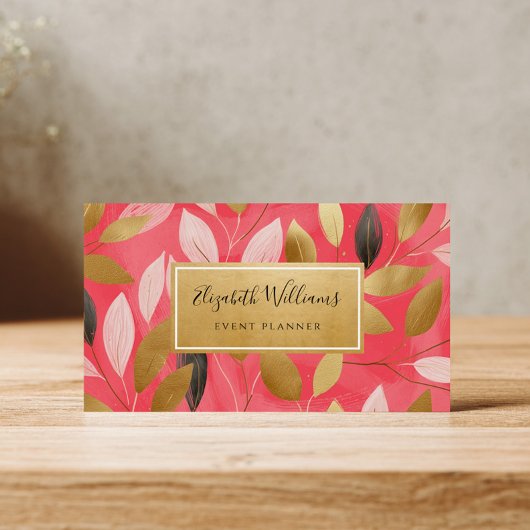 Coral Pink Gold Leaves Botanical Business Cards