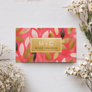 Coral Pink Gold Leaves Monogram Business Cards