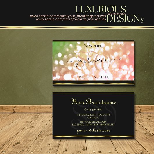 Coral Pink Green Ombre Glitzer Initials Gold Black Visitenkarte