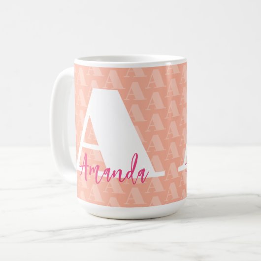 Coral Pink Initial White Letter Script Designer Kaffeetasse (Vorderseite Links)