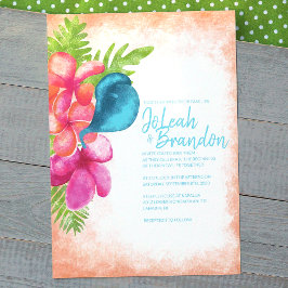 Coral Pink Malibu Blue Tropical Wedding Einladung
