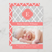 Coral Pink Modern Monogram Custom Foto Baby Birth Ankündigung (Vorne/Hinten)