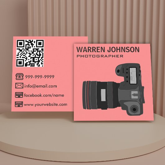 Coral Pink Moderner Fotograf QR-Code Quadratische Visitenkarte