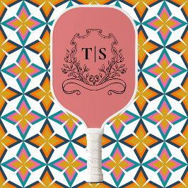 Coral Pink Monogram Initial Girly Classic Crest Pickleball Schläger