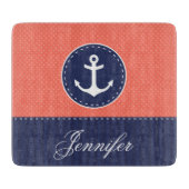 Coral Pink Navy Blue Anchor Custom Text Schneidebrett (Vorderseite)