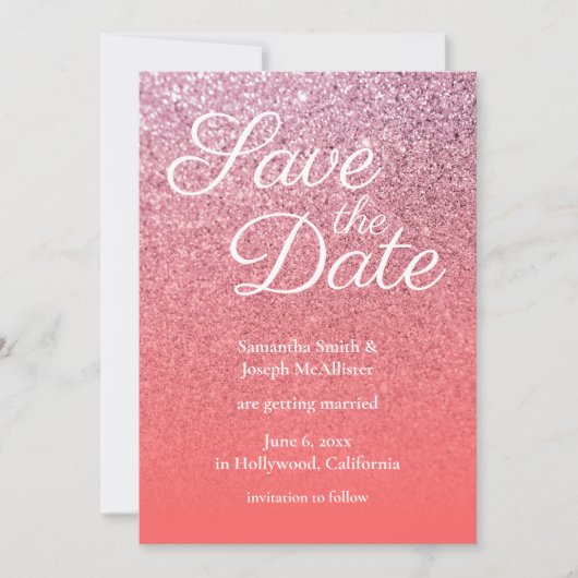 Coral Pink Ombre Glitzer Save the Date Einladung (Vorderseite)