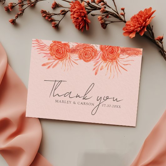 Coral Pink Orange Floral Script Wedding Dankeskarte
