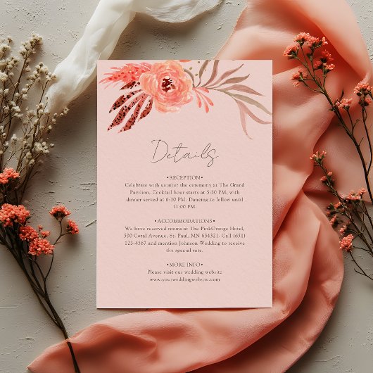 Coral Pink Orange Floral Wedding Details Begleitkarte