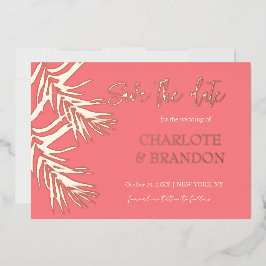 Coral Pink Palm Blätter Hochzeitssache speichern d Folieneinladung