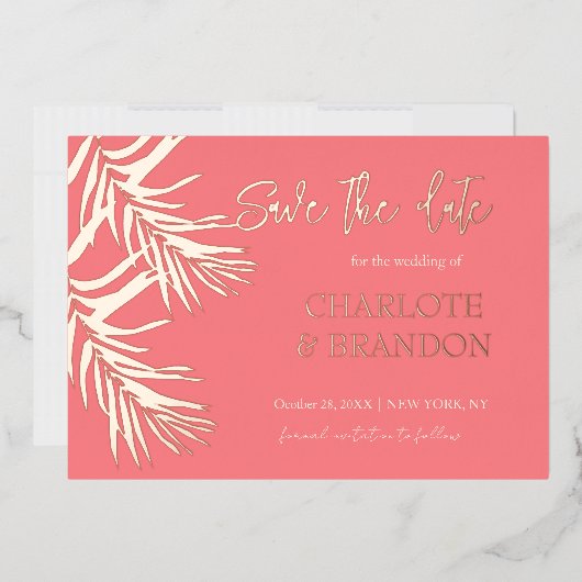 Coral Pink Palm Blätter Hochzeitssache speichern d Folieneinladung (Briefumschlag)