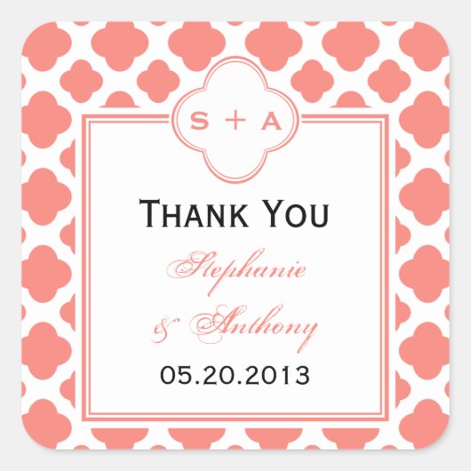 Coral Pink Quatrefoil Muster Hochzeit Vielen Dank Quadratischer Aufkleber (Vorderseite)