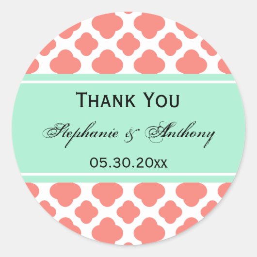 Coral Pink Quatrefolie und Minze Green Vielen Dank Runder Aufkleber (Vorderseite)